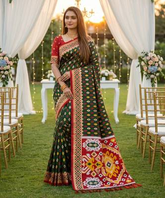 Dark Green Color  Banarasi zari and Meenakari ikkat design Work  Silk saree 1