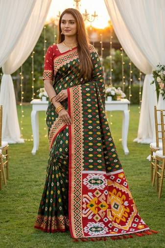 Dark Green Color  Banarasi zari and Meenakari ikkat design Work  Silk saree