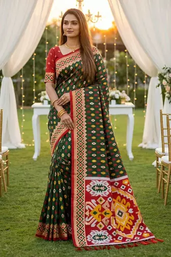 Dark Green Color  Banarasi zari and Meenakari ikkat design Work  Silk saree