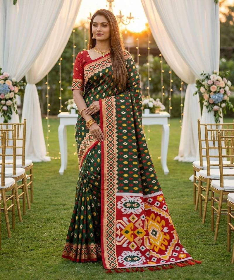 Dark Green Color  Banarasi zari and Meenakari ikkat design Work  Silk saree