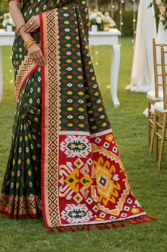 Dark Green Color  Banarasi zari and Meenakari ikkat design Work  Silk saree