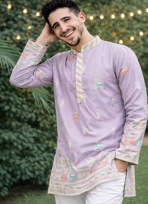 Lavender color multi thread embroidery work silk kurta payjama set 2