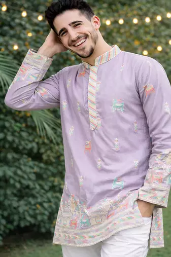 Lavender color multi thread embroidery work silk kurta payjama set