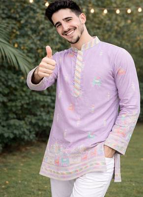 Lavender color multi thread embroidery work silk kurta payjama set 3