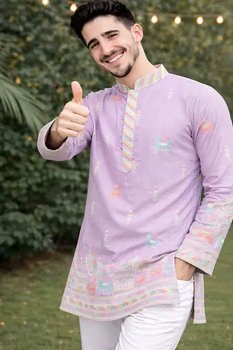 Lavender color multi thread embroidery work silk kurta payjama set