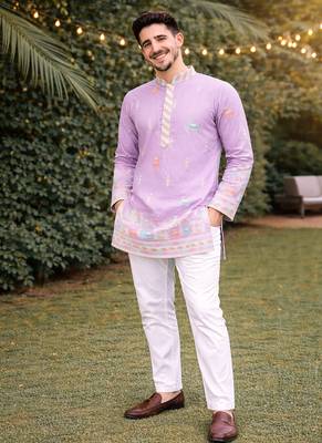 Lavender color multi thread embroidery work silk kurta payjama set 4