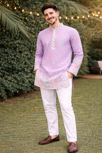 Lavender color multi thread embroidery work silk kurta payjama set