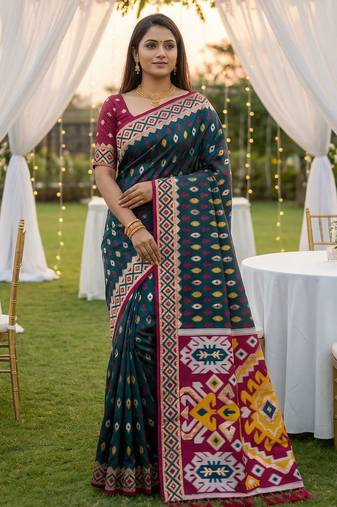 Teal Color  Banarasi zari and Meenakari ikkat design Work  Silk saree