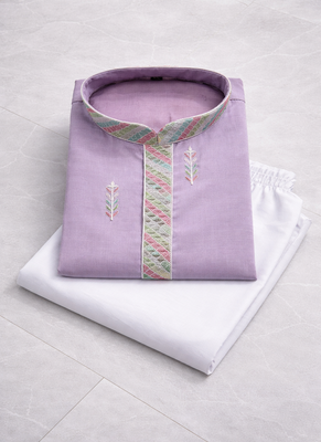 Lavender color multi thread embroidery work silk kurta payjama set 5