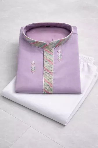 Lavender color multi thread embroidery work silk kurta payjama set