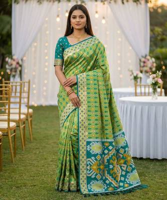 Parrot Green Color  Banarasi zari and Meenakari ikkat design Work  Silk saree 1