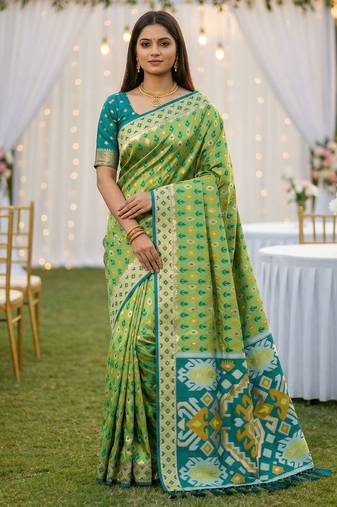 Parrot Green Color  Banarasi zari and Meenakari ikkat design Work  Silk saree