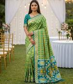 Parrot Green Color  Banarasi zari and Meenakari ikkat design Work  Silk saree