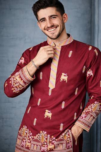Maroon color multi thread embroidery work silk kurta payjama set