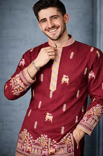 Maroon color multi thread embroidery work silk kurta payjama set