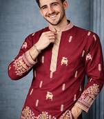 Maroon color multi thread embroidery work silk kurta payjama set