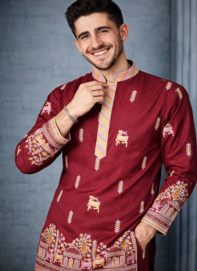 Maroon color multi thread embroidery work silk kurta payjama set