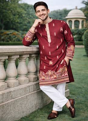 Maroon color multi thread embroidery work silk kurta payjama set 2