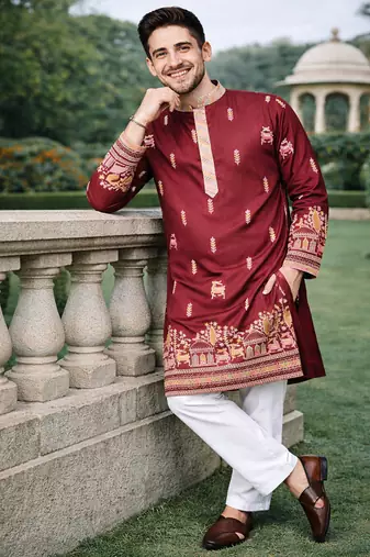 Maroon color multi thread embroidery work silk kurta payjama set