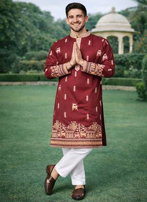 Maroon color multi thread embroidery work silk kurta payjama set 3
