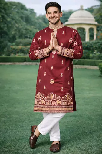 Maroon color multi thread embroidery work silk kurta payjama set