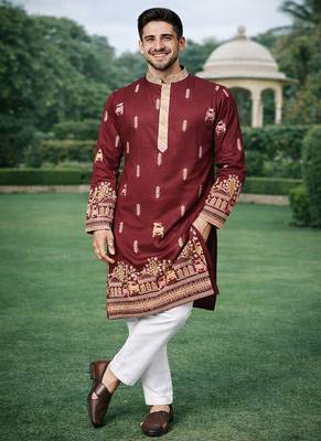 Maroon color multi thread embroidery work silk kurta payjama set 4