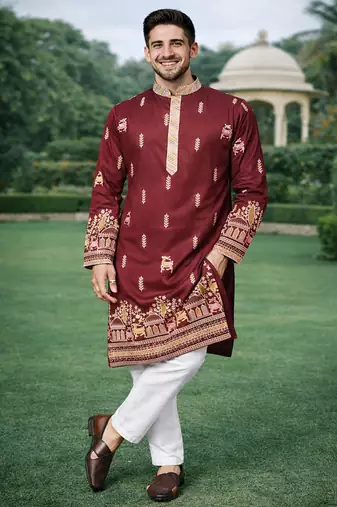 Maroon color multi thread embroidery work silk kurta payjama set