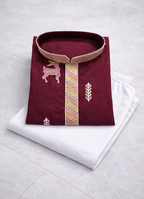 Maroon color multi thread embroidery work silk kurta payjama set 5