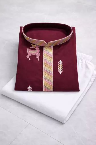 Maroon color multi thread embroidery work silk kurta payjama set