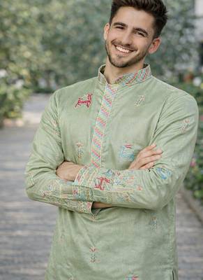Pista color multi thread embroidery work silk kurta payjama set 2