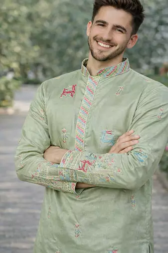 Pista color multi thread embroidery work silk kurta payjama set
