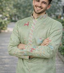 Pista color multi thread embroidery work silk kurta payjama set