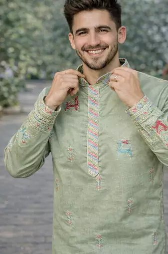 Pista color multi thread embroidery work silk kurta payjama set