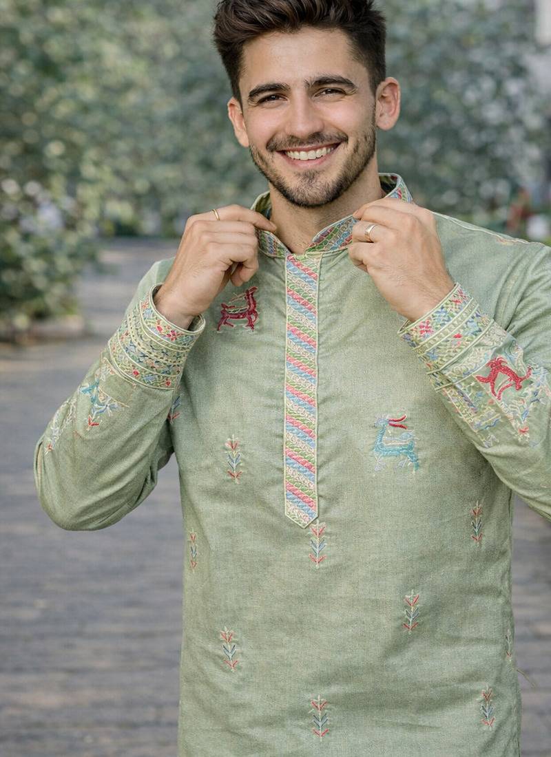 Pista color multi thread embroidery work silk kurta payjama set
