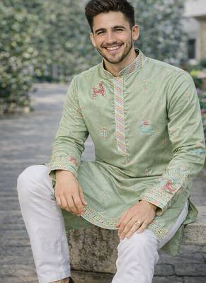 Pista color multi thread embroidery work silk kurta payjama set 3