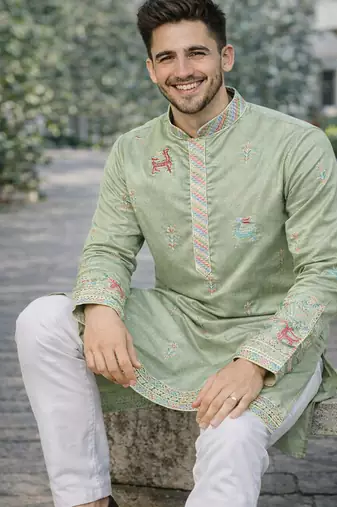 Pista color multi thread embroidery work silk kurta payjama set