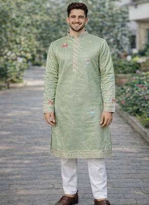 Pista color multi thread embroidery work silk kurta payjama set 4