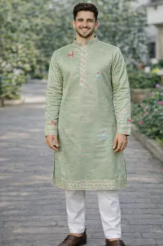 Pista color multi thread embroidery work silk kurta payjama set