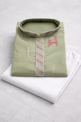 Pista color multi thread embroidery work silk kurta payjama set