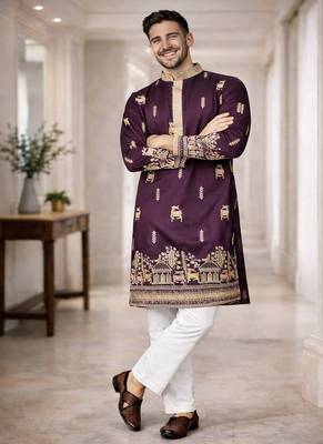 Purple color multi thread embroidery work silk kurta payjama set 1