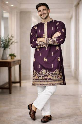 Purple color multi thread embroidery work silk kurta payjama set