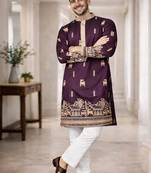 Purple color multi thread embroidery work silk kurta payjama set