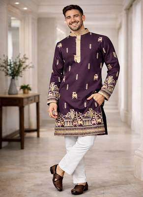 Purple color multi thread embroidery work silk kurta payjama set 2