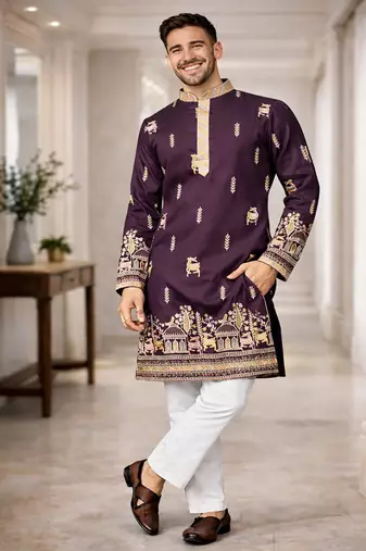 Purple color multi thread embroidery work silk kurta payjama set