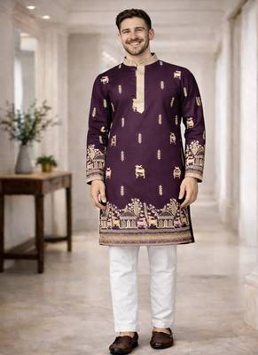Purple color multi thread embroidery work silk kurta payjama set 3