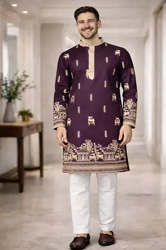 Purple color multi thread embroidery work silk kurta payjama set