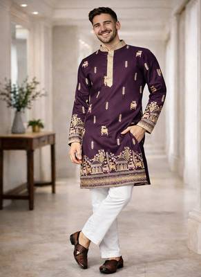 Purple color multi thread embroidery work silk kurta payjama set 4
