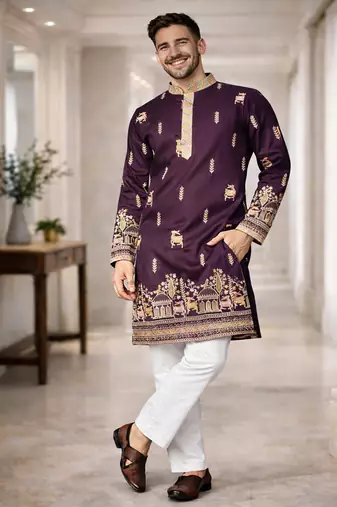 Purple color multi thread embroidery work silk kurta payjama set