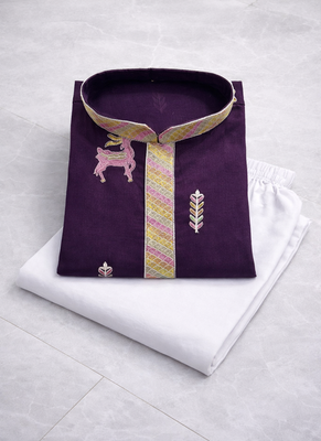 Purple color multi thread embroidery work silk kurta payjama set 5