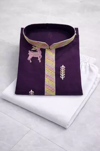 Purple color multi thread embroidery work silk kurta payjama set